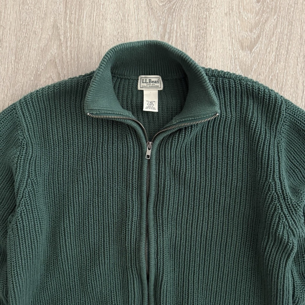 LL Bean Cotton Full Zip Sweater Cardigan Green Ribbed Knit Mock Neck Mens L Reg - Picture 12 of 16